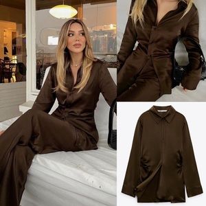 Zara satin Brown ruched side long sleeve button front collared blouse shirt